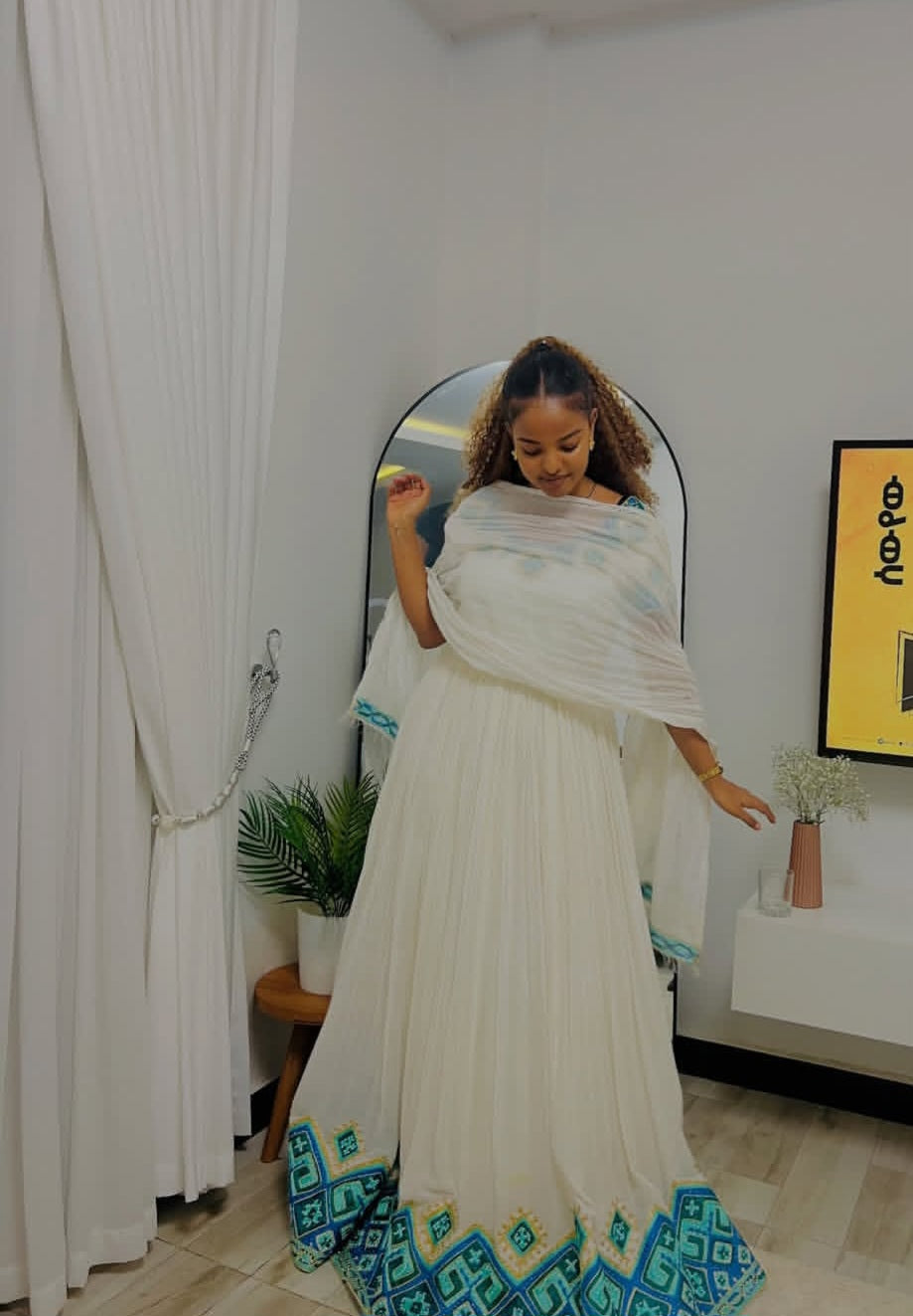 Modern Habesha Kemis with Blue Tibeb – Ethiopian Dress