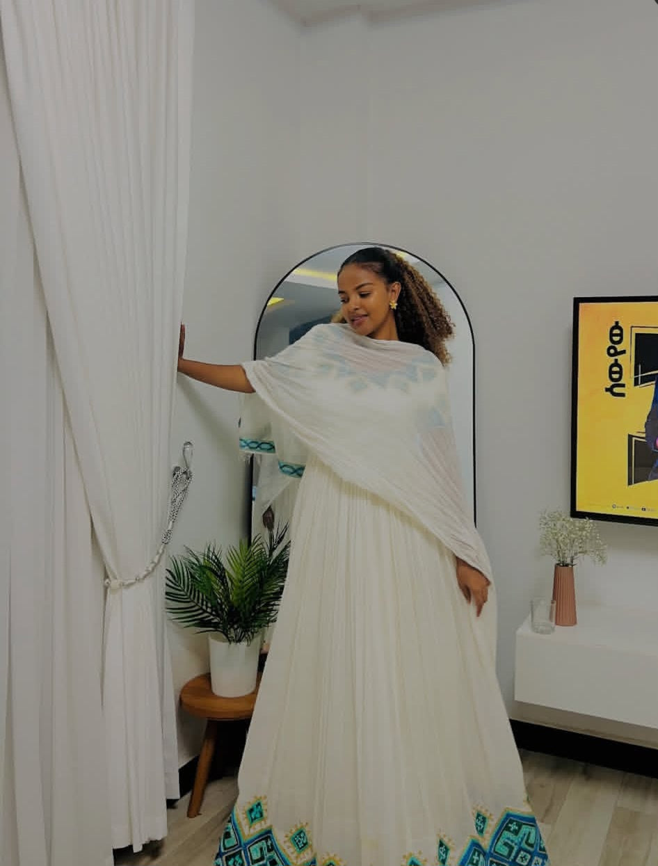 Modern Habesha Kemis with Blue Tibeb – Ethiopian Dress
