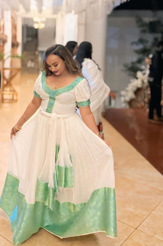 Elegant Ethiopian Dress with Green Tibeb β Ethiopian Dress for Events