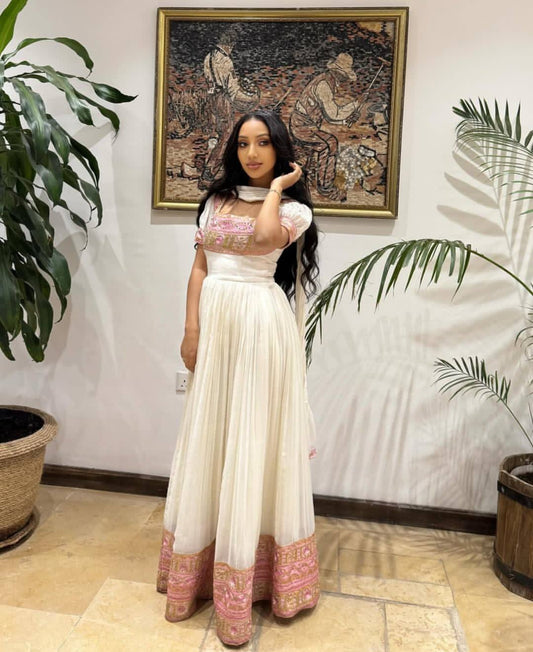 Elegant Habesha Dress with Pink Tibeb β Ethiopian Traditional kemis