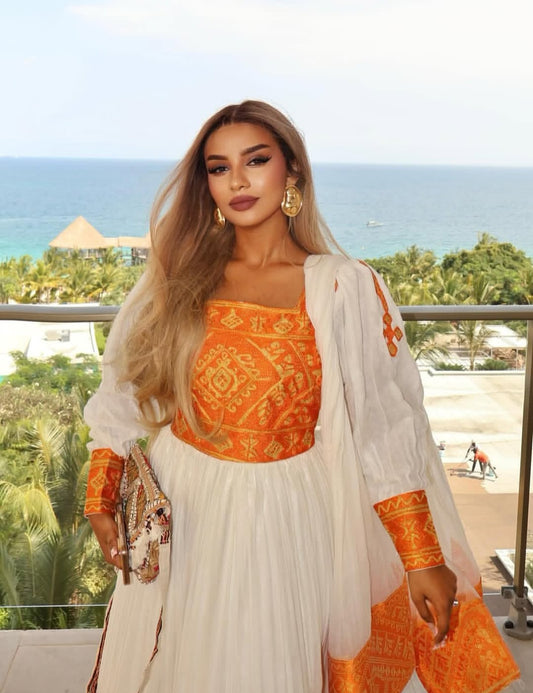 Modern Habesha Dress with Orange Tibeb β Stylish Ethiopian Outfit