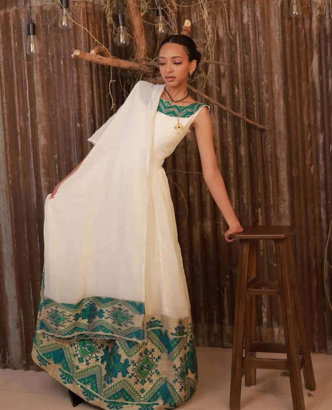 Classic Habesha Dress with Green Tibeb – Traditional Ethiopian Kemis
