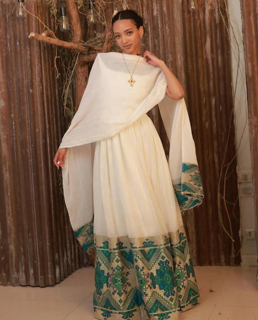 Classic Habesha Dress with Green Tibeb β Traditional Ethiopian Kemis