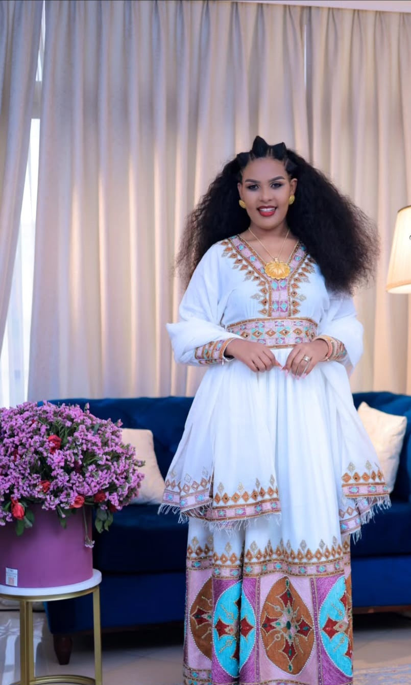 Classic Habesha Kemis with Multicolor Tibeb – Ethiopian Traditional Dress