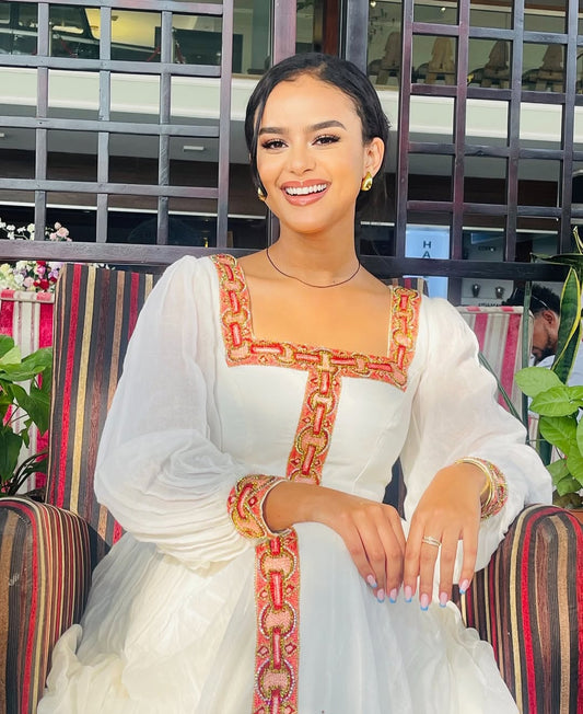 Elegant Habesha Dress with Red Tibeb β Classic Ethiopian Kemis