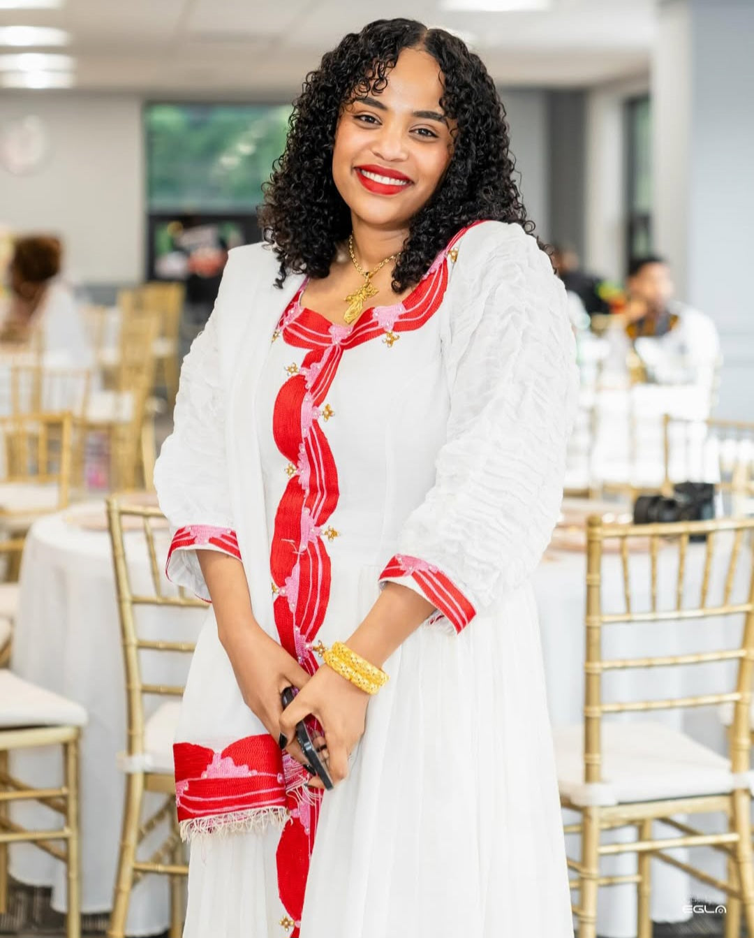 White Habesha Kemis with Red Tibeb – Ethiopian Traditional Dress