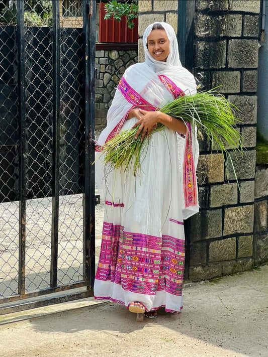 Vibrant Purple Habesha Dress β Authentic Ethiopian Kemis