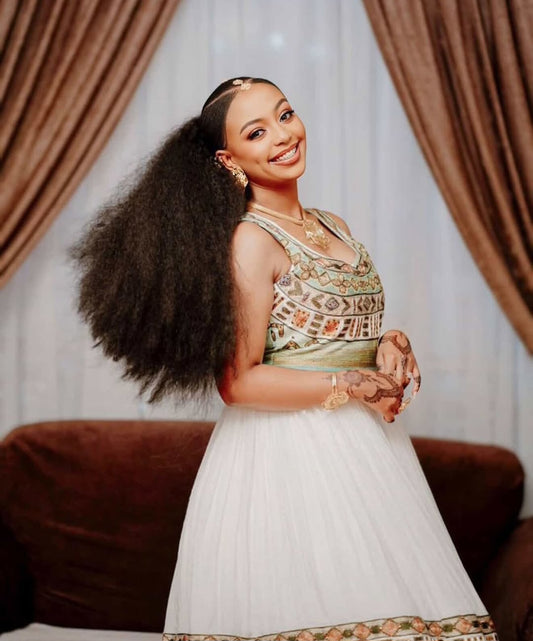 Habesha wedding Dress with Geometric Tibeb β Stylish Ethiopian Traditional Dress