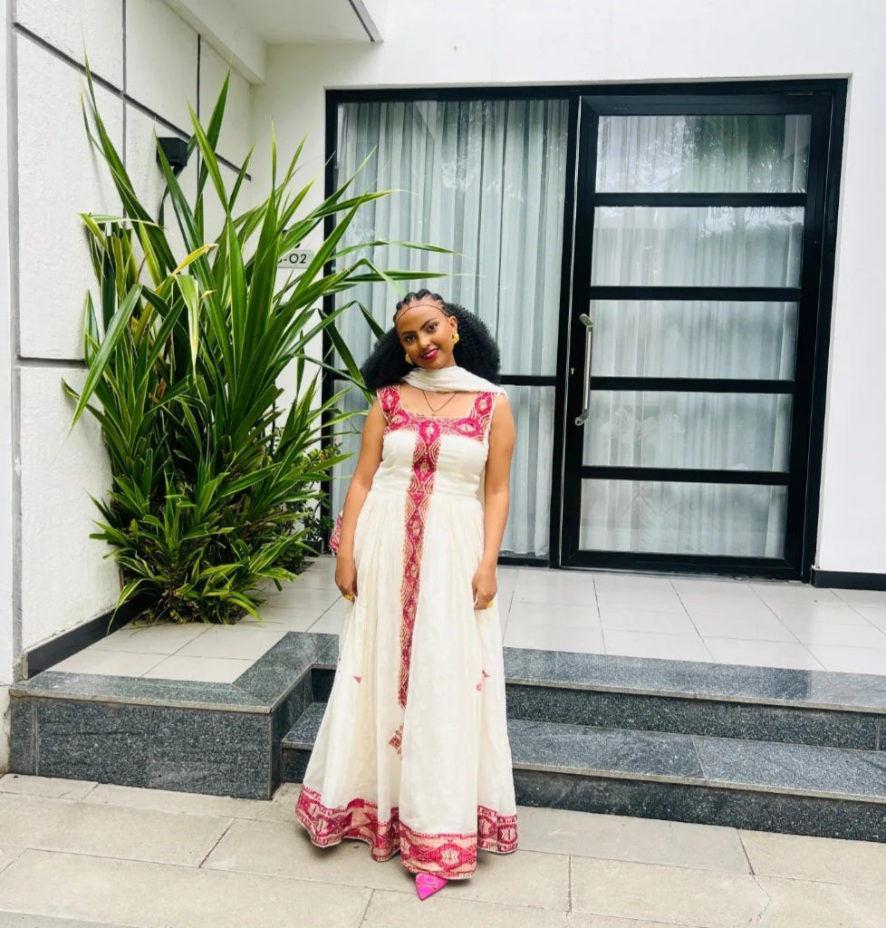 Elegant Habesha Dress with Red Tibeb – Sleeveless Ethiopian Kemis
