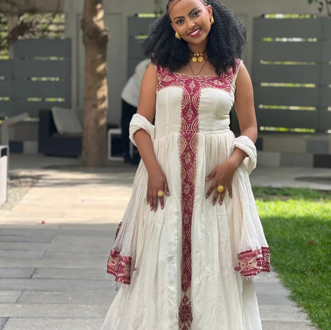 Elegant Habesha Dress with Red Tibeb – Sleeveless Ethiopian Kemis