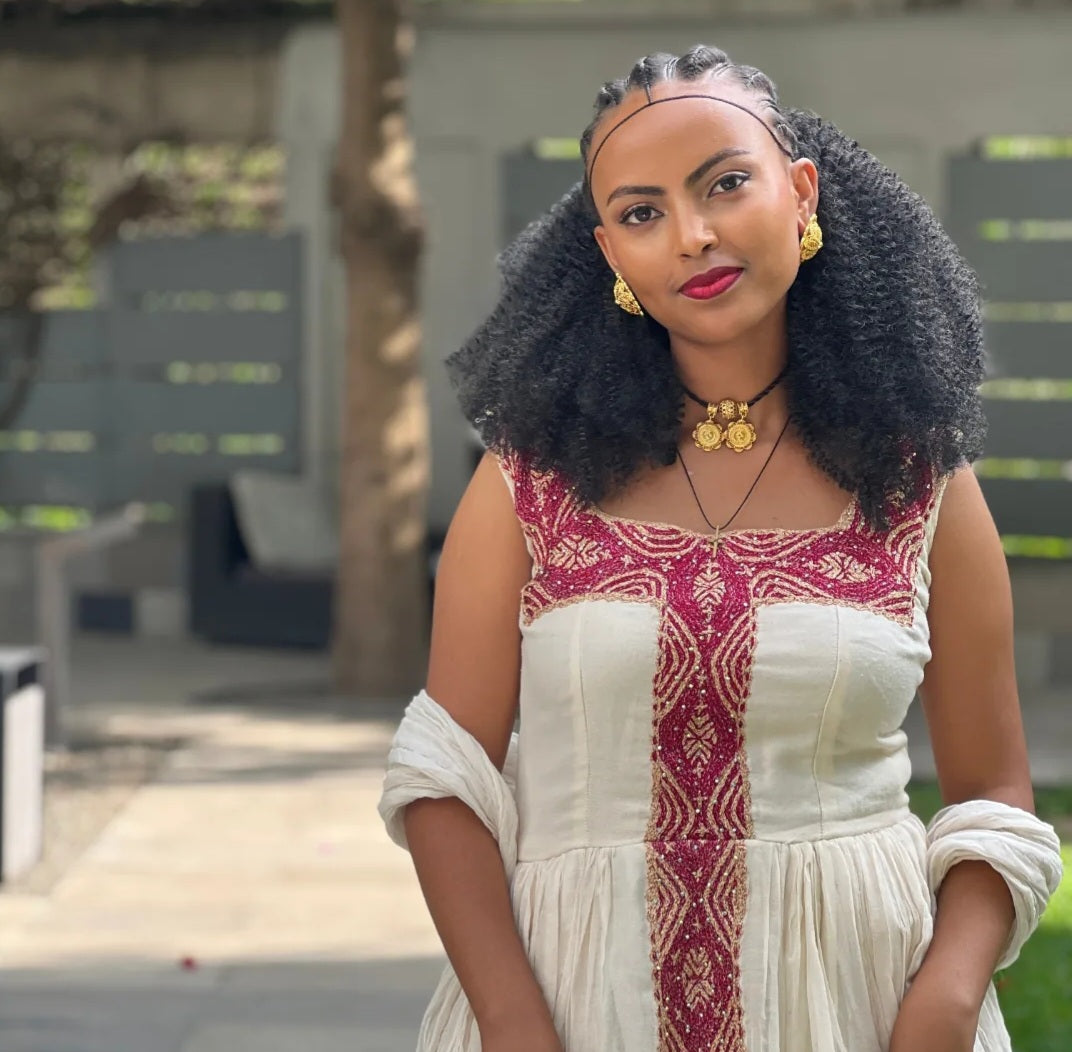 Elegant Habesha Dress with Red Tibeb – Sleeveless Ethiopian Kemis