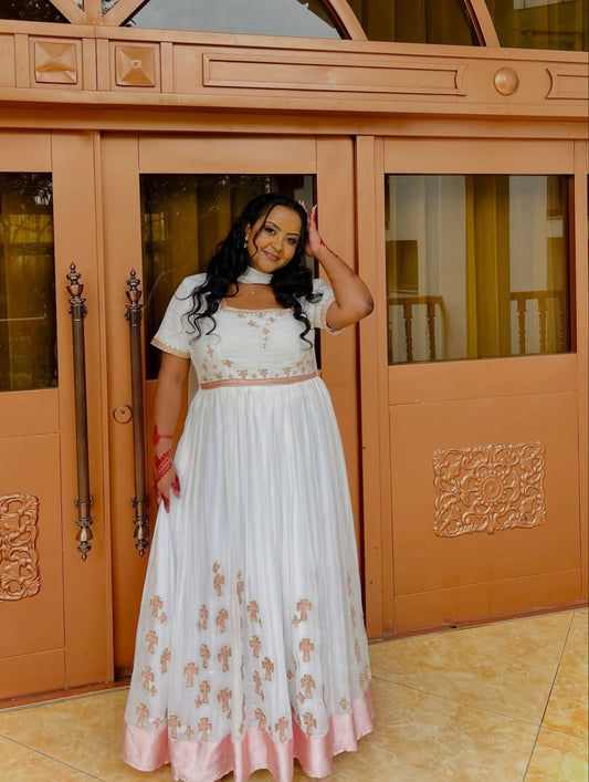 White Habesha Dress with Pink Cross Embroidery β Ethiopian modern Dress