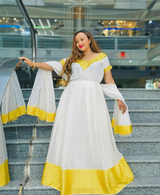 Ethiopian Traditional Dress with Yellow Embroidery β Classic Habesha Kemis for Women