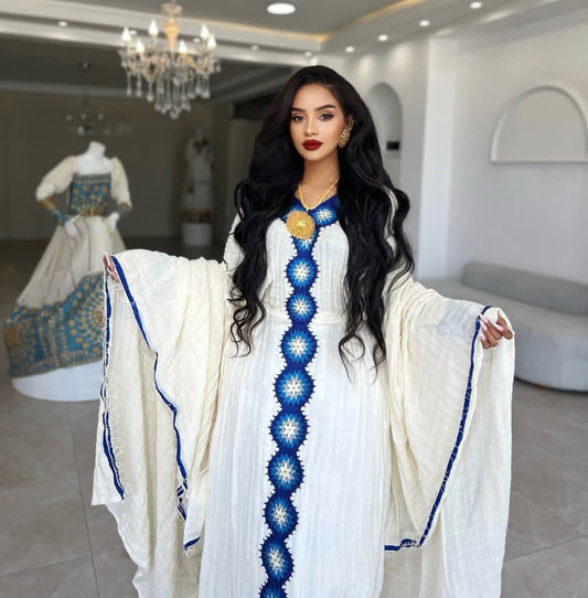 Ethiopian traditional attire Blue & White Tibeb – Striking Habesha dress