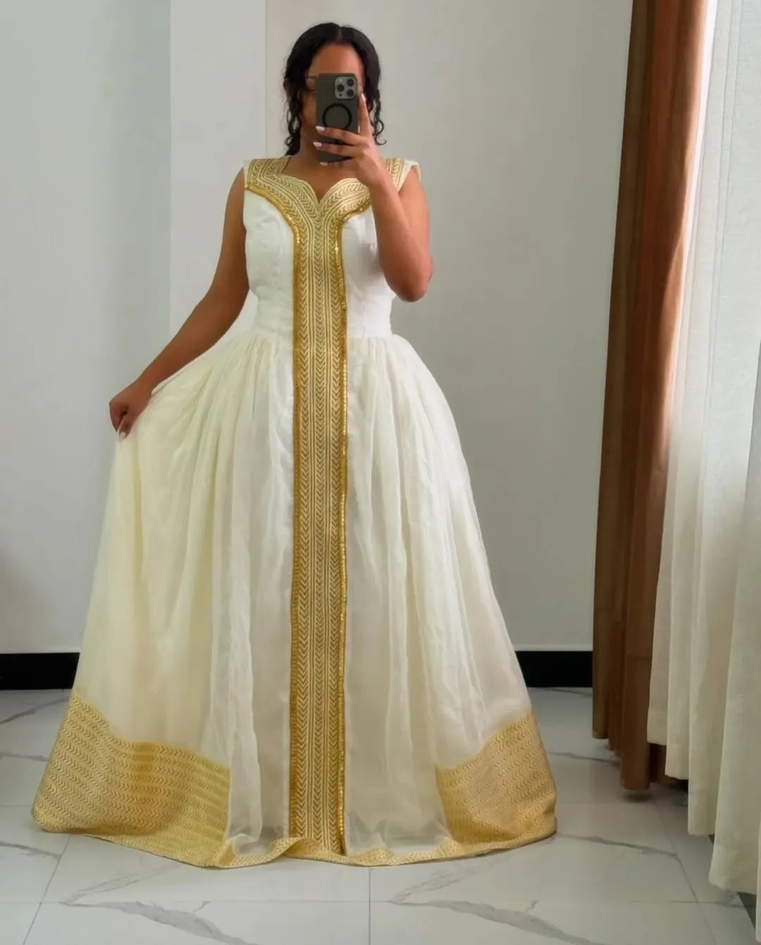 Simple Habesha Dress with Gold flowing Tibeb – Classic Ethiopian Traditional Dress