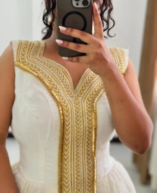 Simple Habesha Dress with Gold flowing Tibeb β Classic Ethiopian Traditional Dress