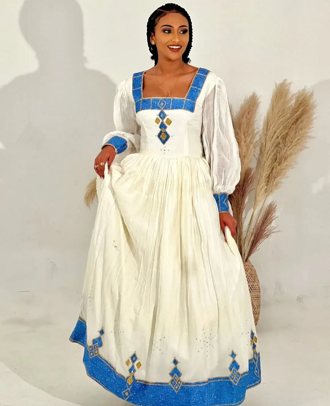 White Habesha Dress with Blue Tibeb – Elegant Ethiopian Traditional Dress