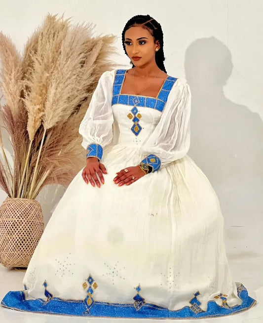 White Habesha Dress with Blue Tibeb β Elegant Ethiopian Traditional Dress