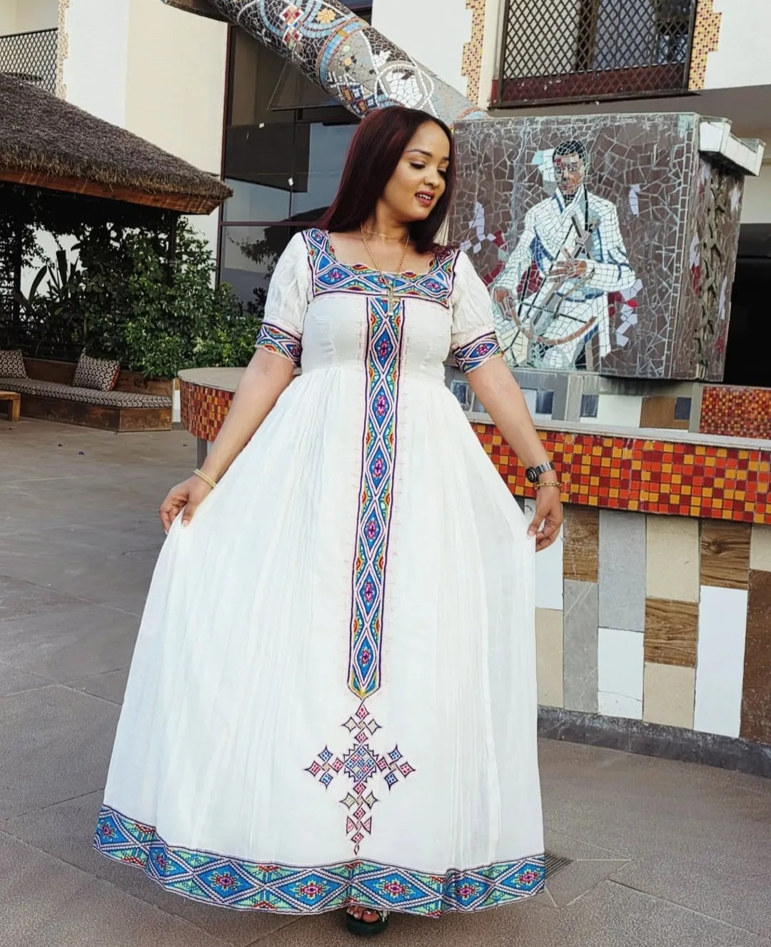 White Habesha Dress with Blue Tibeb – Artistic Ethiopian Traditional Dress