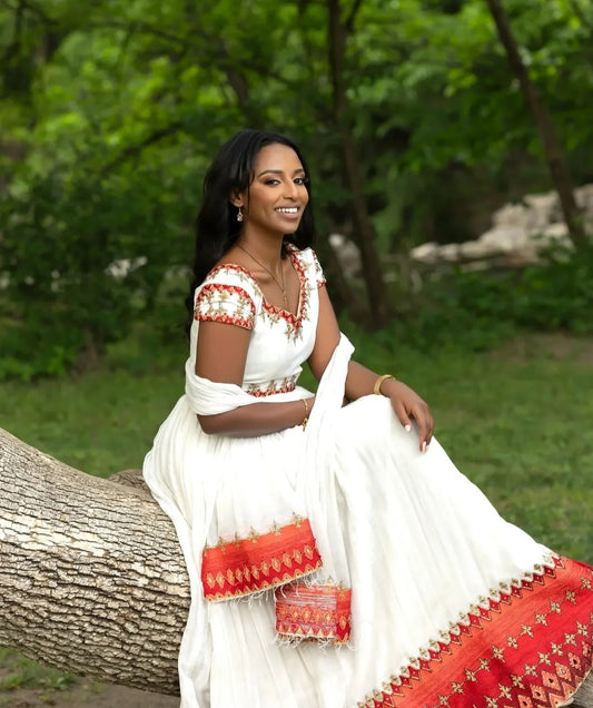 Classic Habesha Dress with Red Tibeb β Traditional Ethiopian Dress for Women