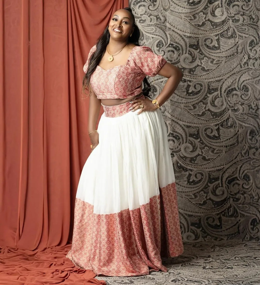 Modern Habesha Two-Piece Set with Red & White Pattern – Stylish Ethiopian Outfit