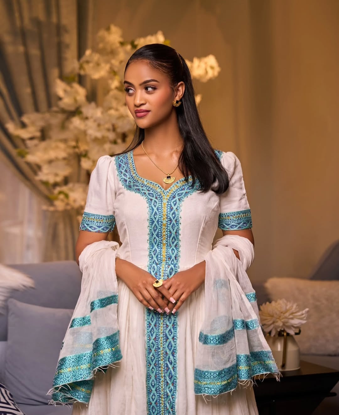 Elegant Habesha Dress with Blue Tibeb – Handwoven Ethiopian Traditional Dress