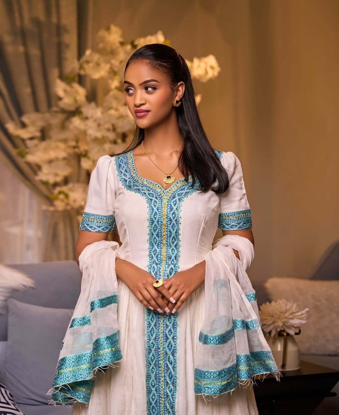 Elegant Habesha Dress with Blue Tibeb – Handwoven Ethiopian Traditional Dress
