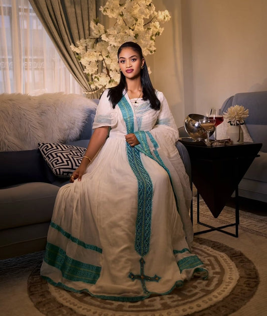 Elegant Habesha Dress with Blue Tibeb – Handwoven Ethiopian Traditional Dress