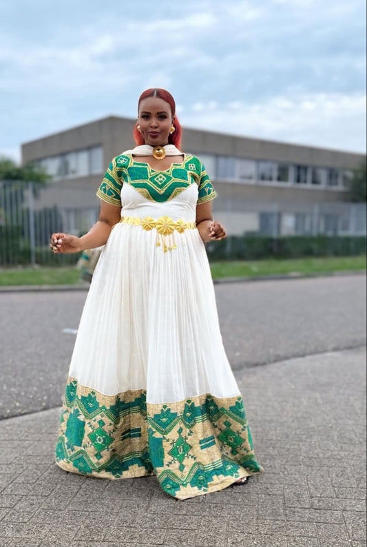 White Habesha Dress with Green Tibeb – Authentic Ethiopian Traditional Dress