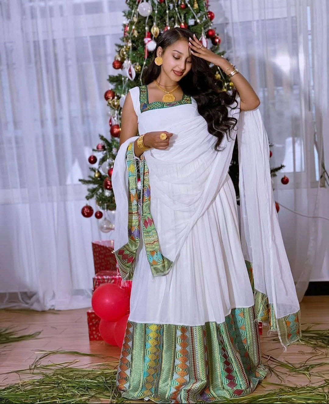 Elegant Habesha Dress with Green Tibeb & Shawl – Ethiopian Traditional Dress