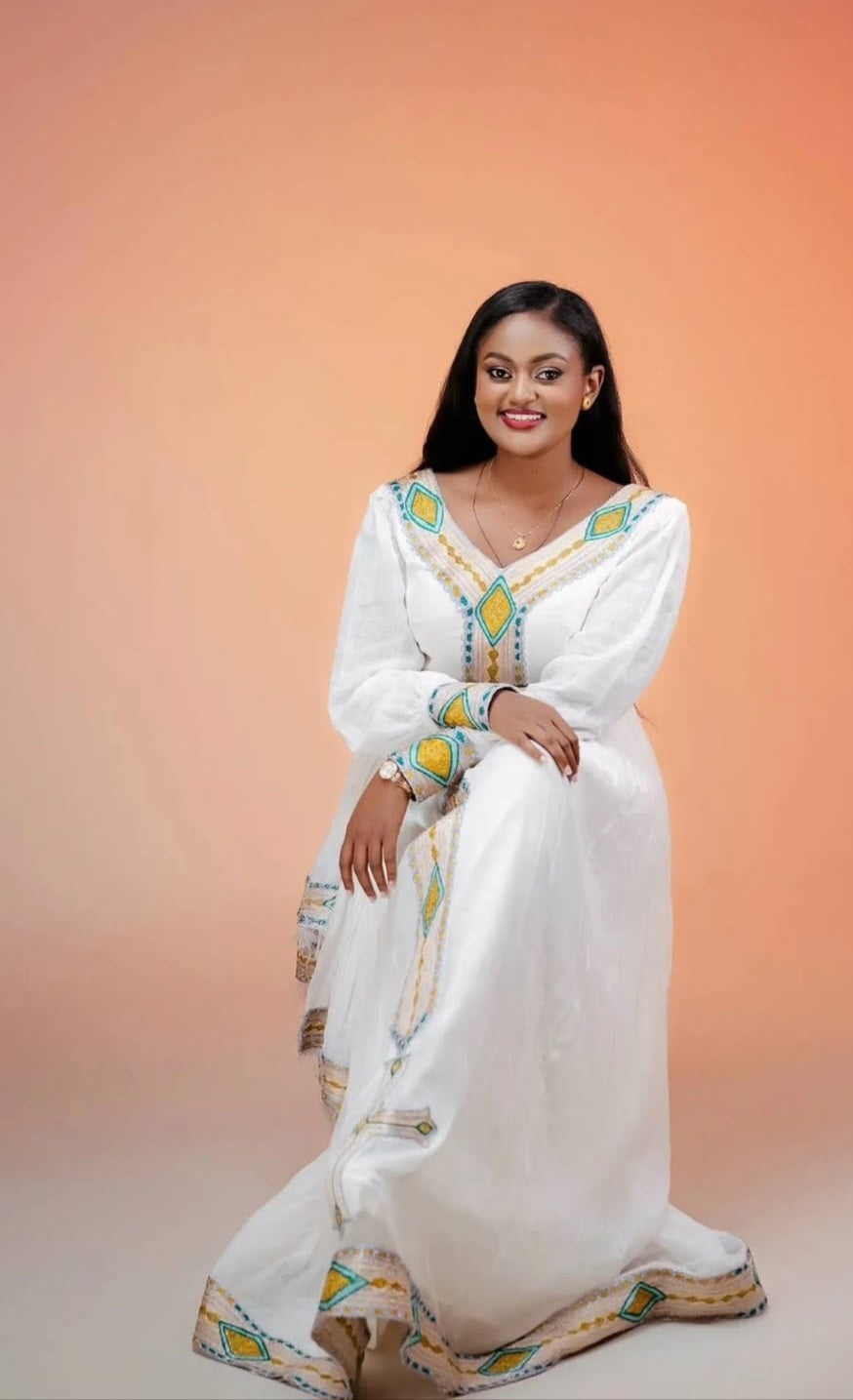 Elegant White Habesha Dress with Yellow Tibeb – Ethiopian Traditional Dress