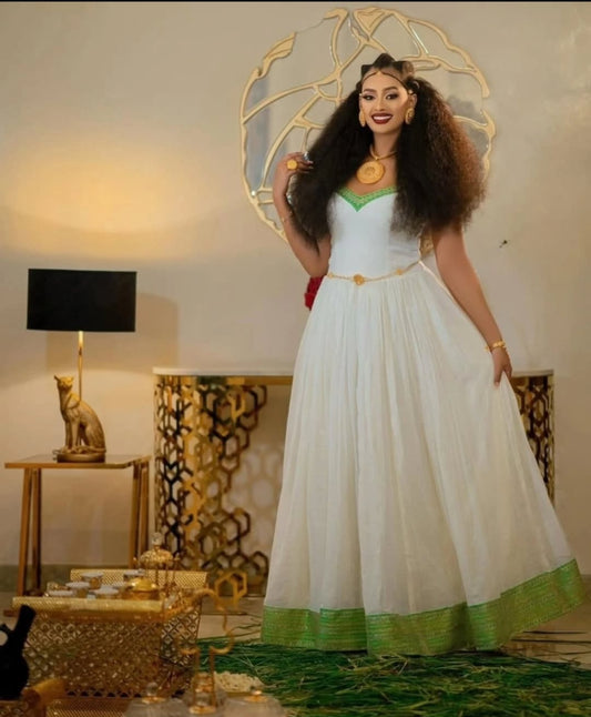 Stunning Ethiopian Dress with Green Border β Elegant Habesha Dress for Celebrations