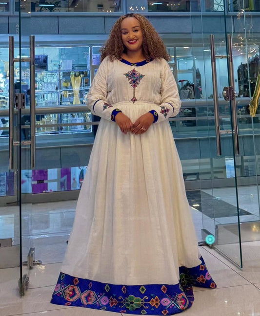 Simple Blue & Multi-Color Habesha Dress β Elegant Ethiopian Kemis