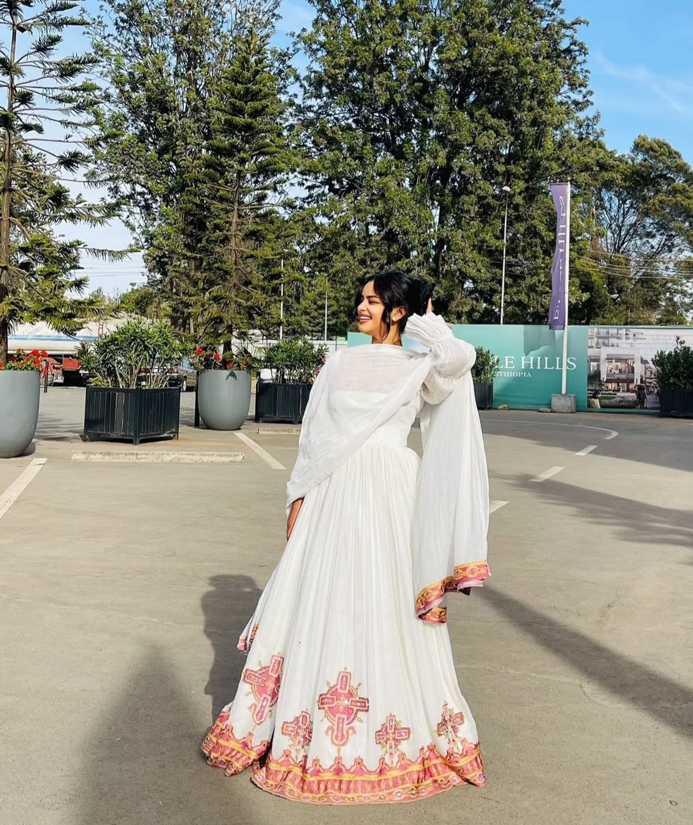 Elegant Ethiopian Dress with Red Tibeb – Graceful Ethiopian Dress