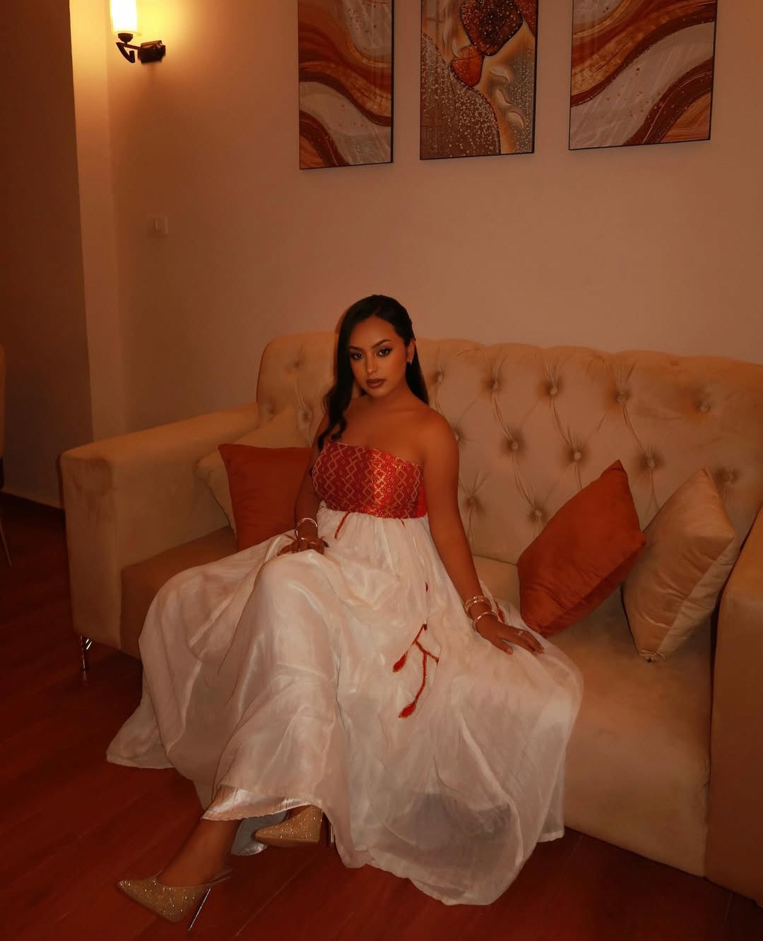 Modern Ethiopian Dress with Red & White – Elegant Habesha Style