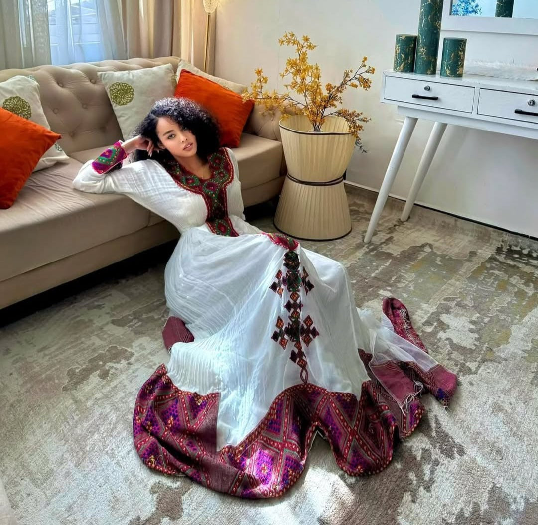 Unique Habesha Dress with Purple Tibeb – Ethiopian Cultural Dress