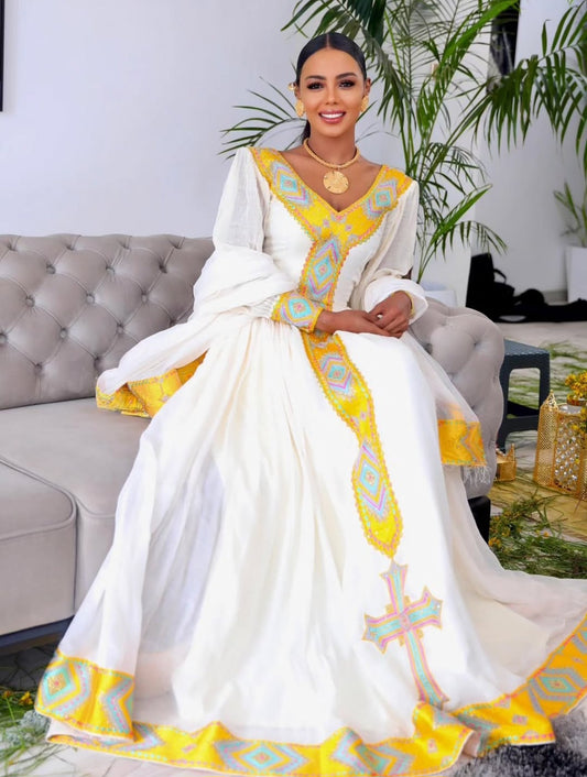 Radiant Habesha Kemis with Gold Tibeb β Classic Ethiopian Dress