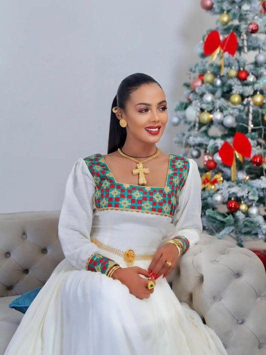 Graceful Habesha Kemis with Brown Tibeb β Modern Ethiopian Dress