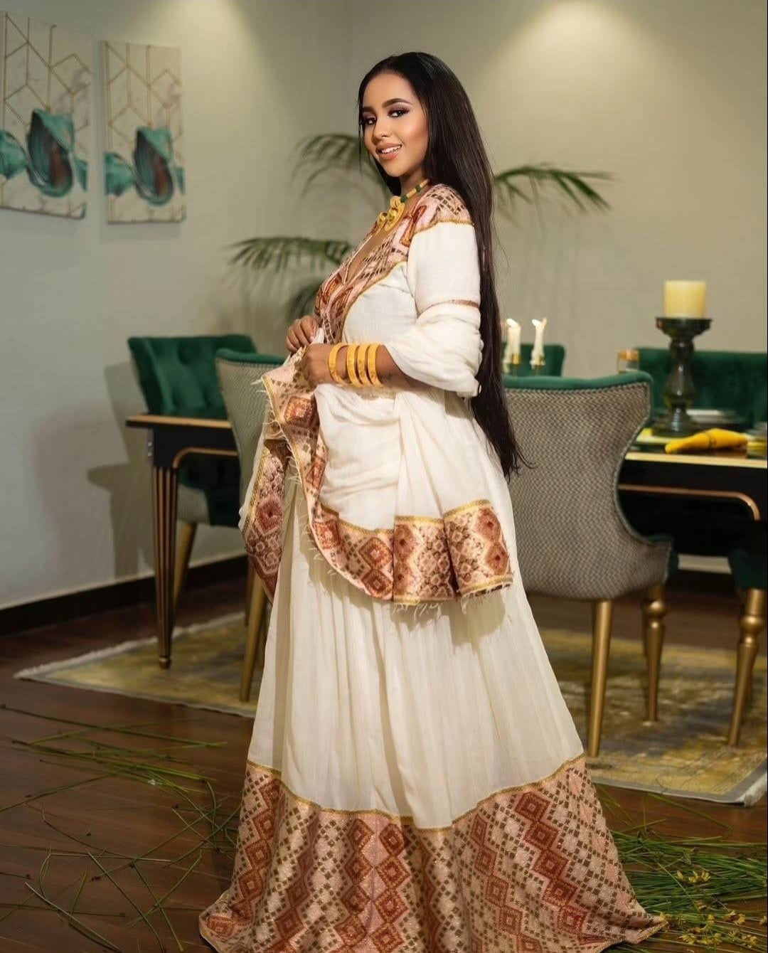 White Ethiopian Wedding Dress with bronze Tibeb – Classic Habesha Kemis