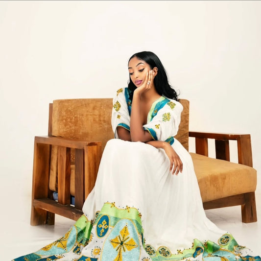Classic Habesha Kemis with Green Tibeb – Ethiopian Traditional Dress
