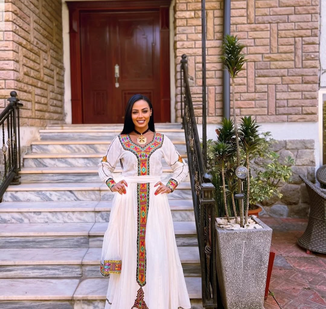 Ethiopian Traditional Dress with colorful Embroidery – Classic Habesha Kemis for Women