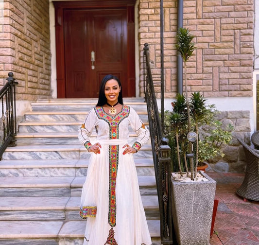 Ethiopian Traditional Dress with colorful Embroidery β Classic Habesha Kemis for Women