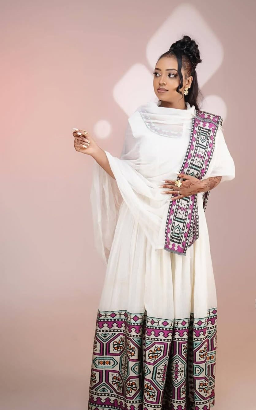 Vibrant Habesha Dress with Purple Tibeb – Ethiopian Traditional Dress