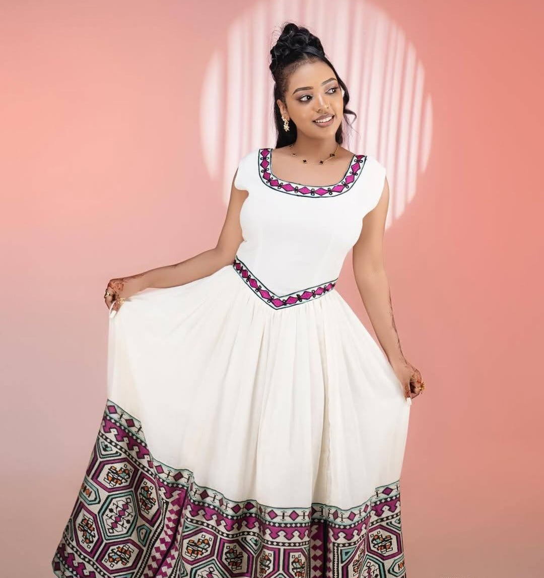Vibrant Habesha Dress with Purple Tibeb – Ethiopian Traditional Dress