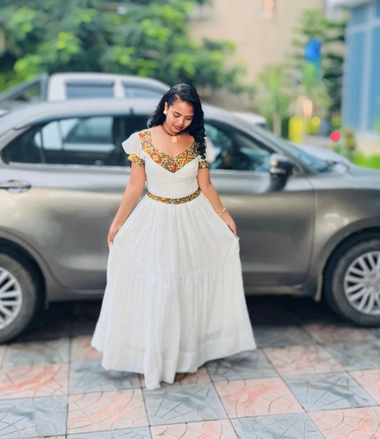 White Habesha Kemis with Colorful Neckline β Stylish Ethiopian Dress