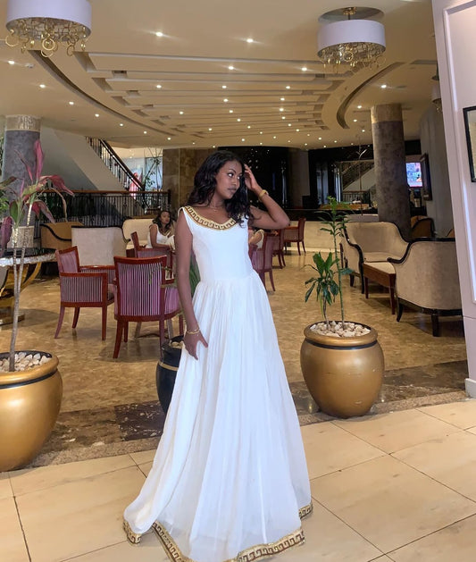Simple White Habesha Kemis with Gold Border β Elegant Ethiopian Dress