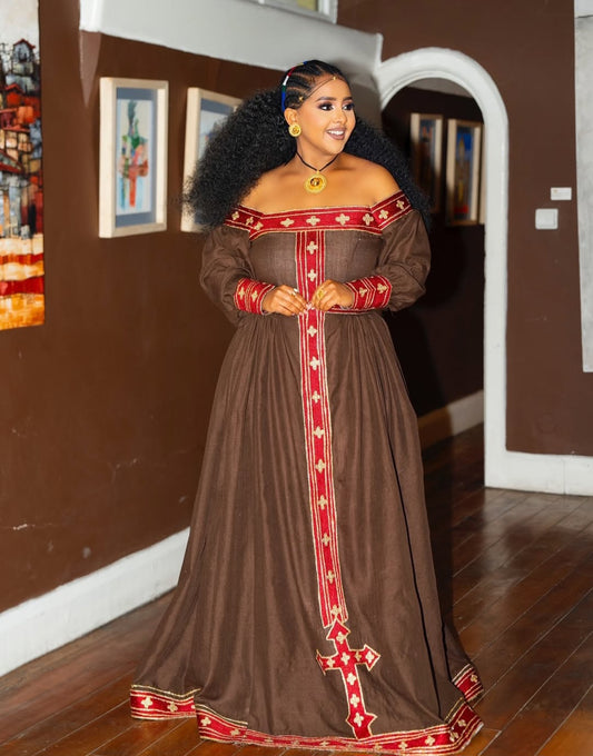 Brown Habesha Dress with Cross Tibeb β Regal Ethiopian Traditional Dress