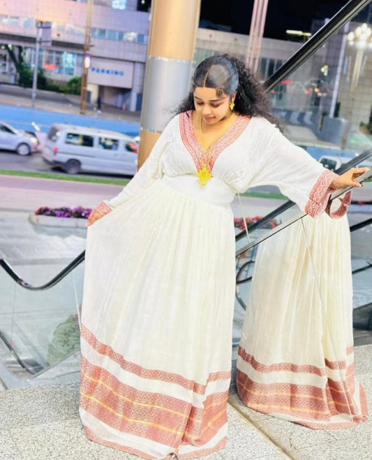 Classic Habesha Kemis with Red Tibeb β Authentic Ethiopian Dress