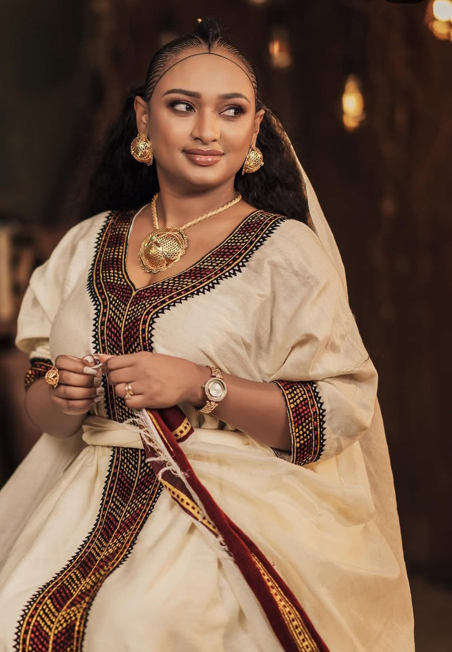 Cream Habesha Dress with Traditional Tibeb – Authentic Ethiopian Kemis