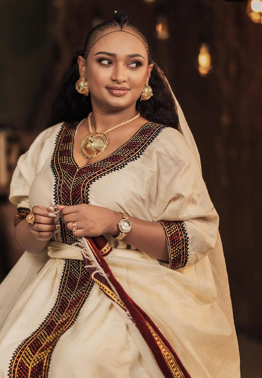Cream Habesha Dress with Traditional Tibeb β Authentic Ethiopian Kemis